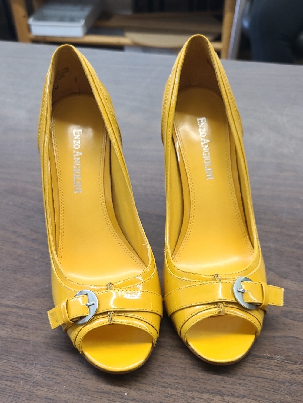 Enzo Angiolini Vintage Yellow Patent Peep-Toe Heels with Buckle